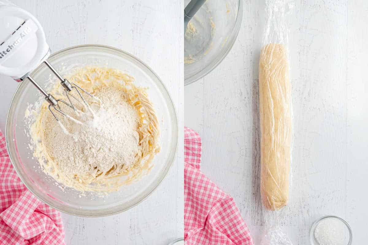 Step by step photos showing how to make shortbread cookie dough.