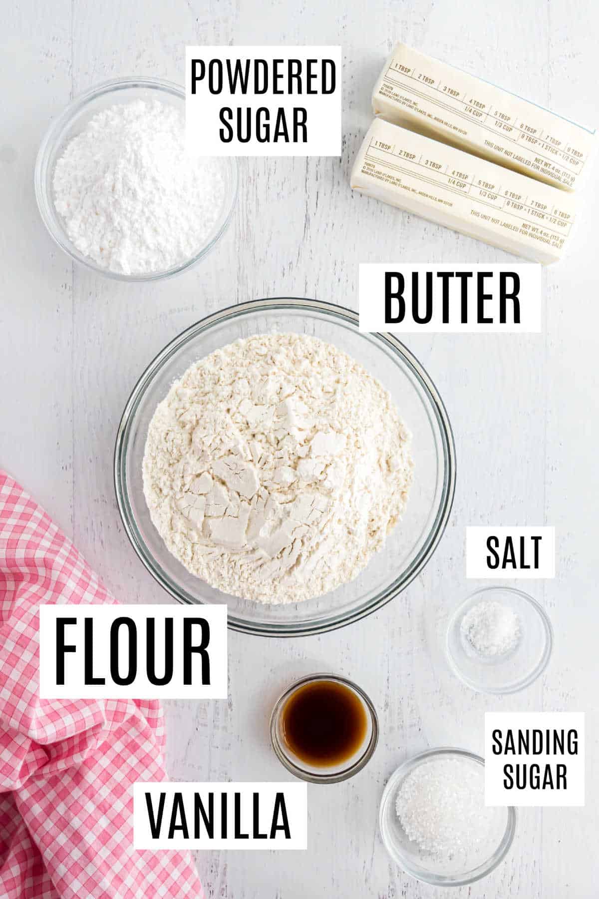 Ingredients needed to make shortbread cookies.
