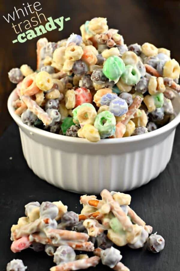 White Trash Candy with cereal, pretzels, and melted white chocolate