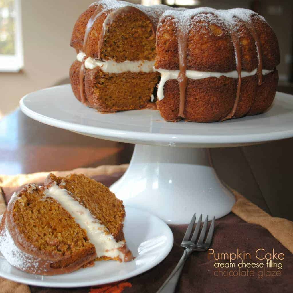 Pumpkin Cake: moist pumpkin bundt cake with cream cheese filling and chocolate ganache!