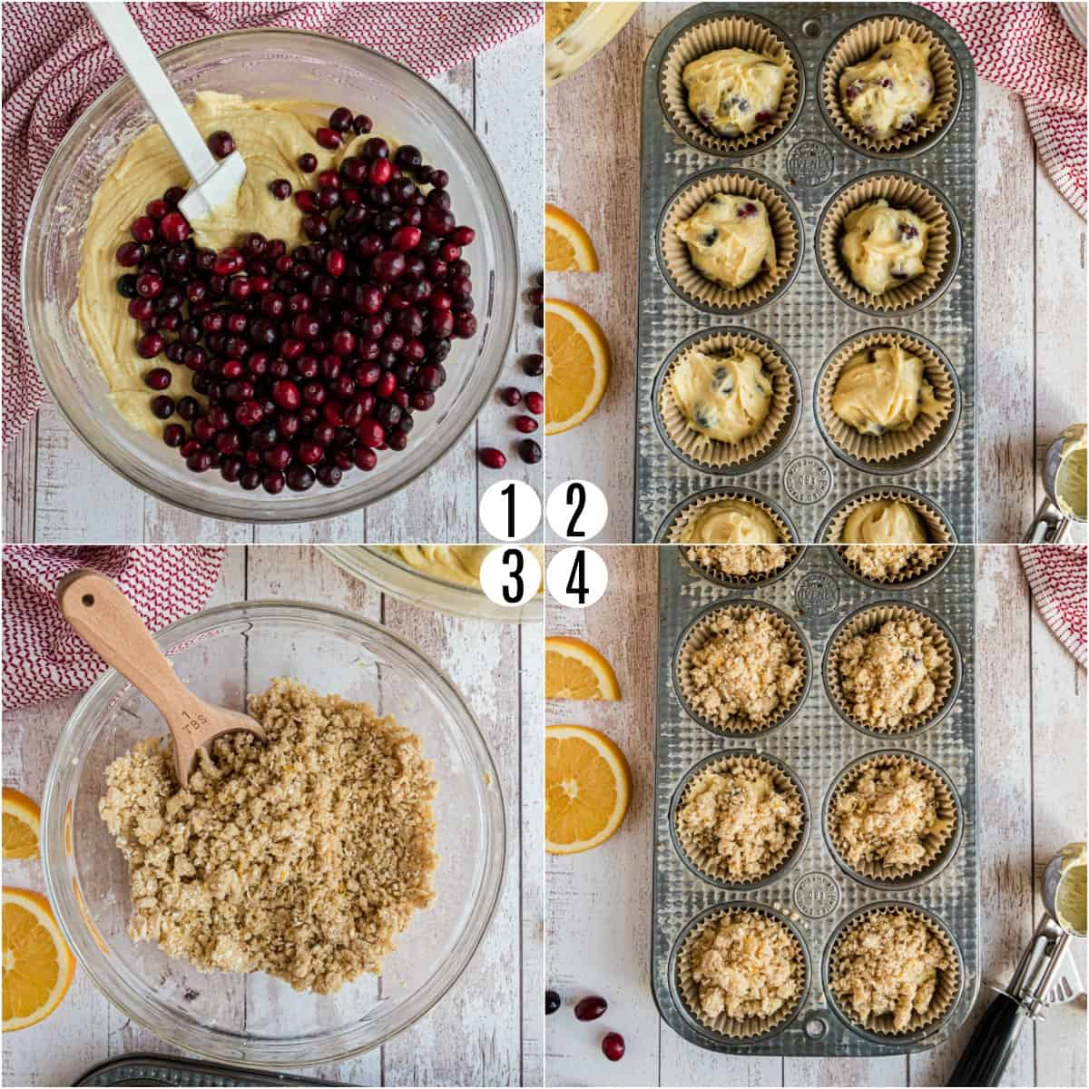Step by step photos showing how to make cranberry orange muffins.