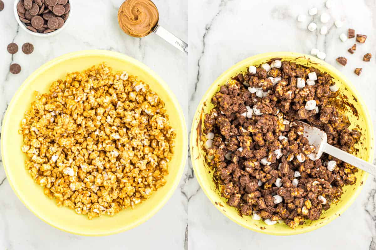 Step by step photos showing how to make chocolate peanut butter caramel corn.