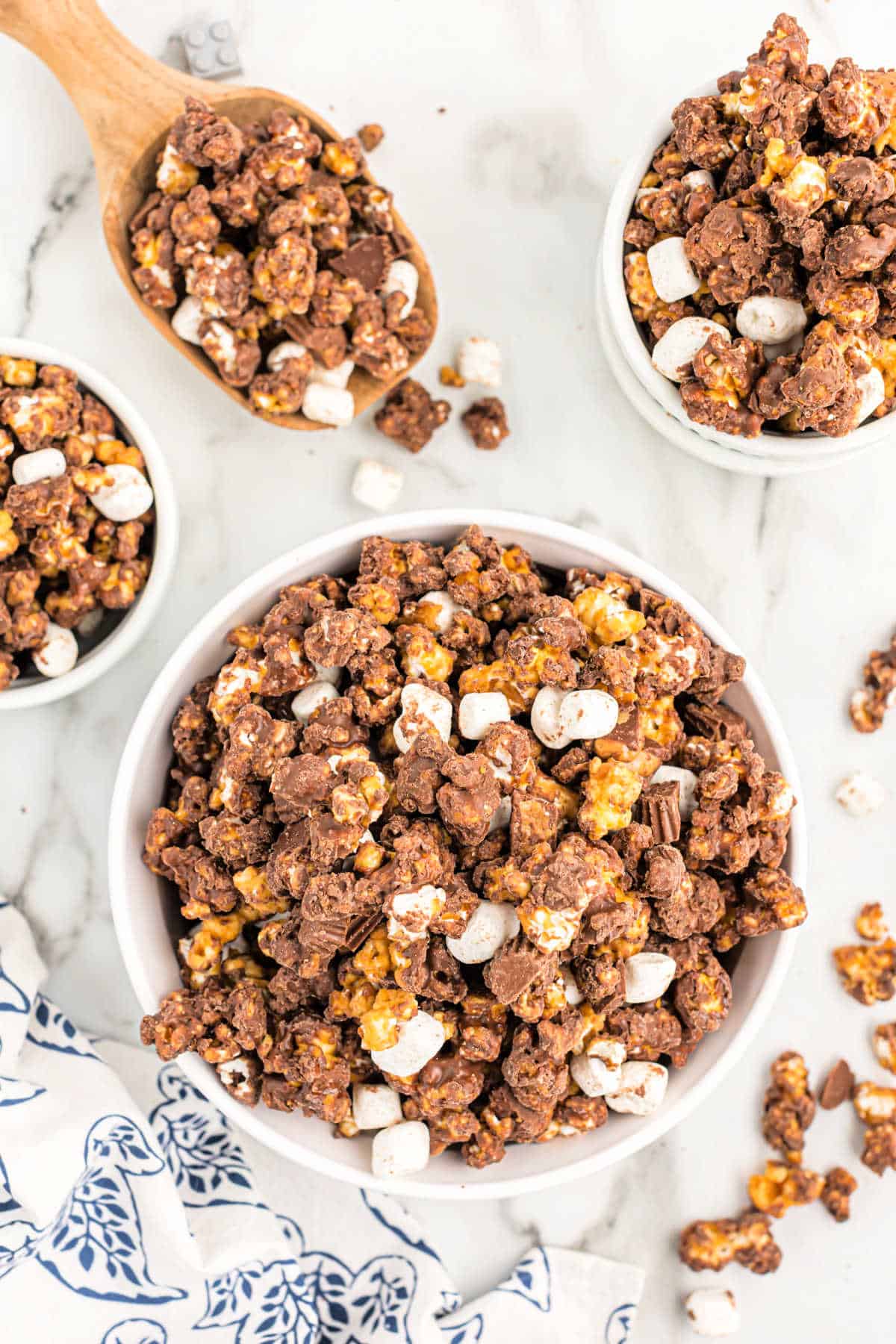 Chocolate caramel corn in a bowl for serving.