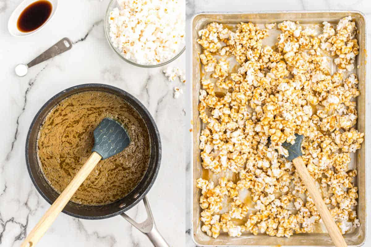 Step by step photos showing how to make caramel corn.