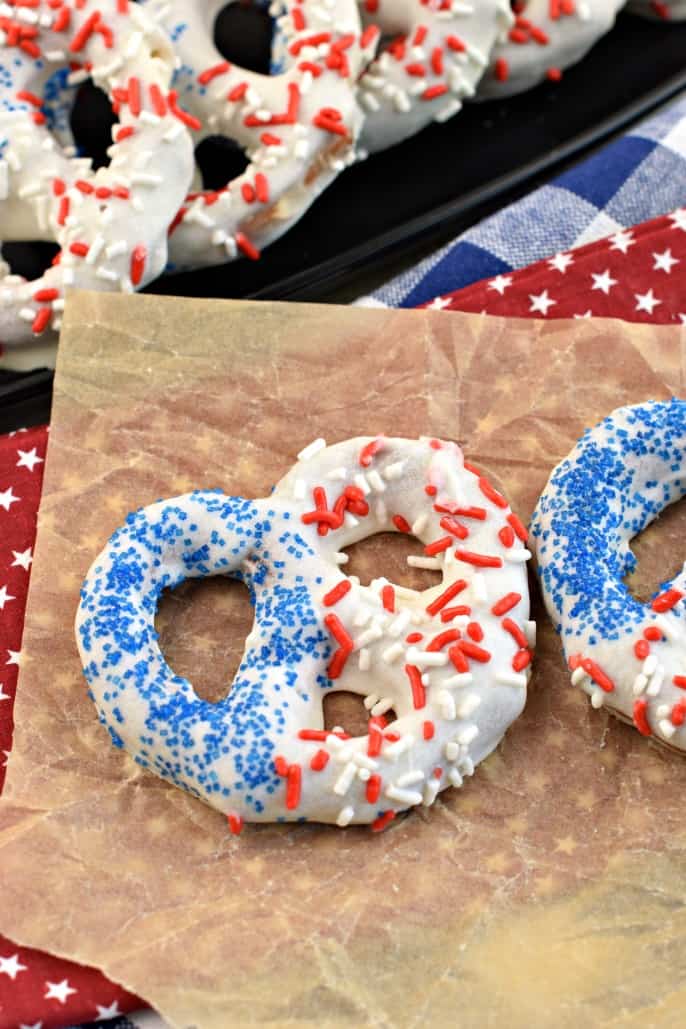Patriotic pretzels decorated with red white and blue sprinkles