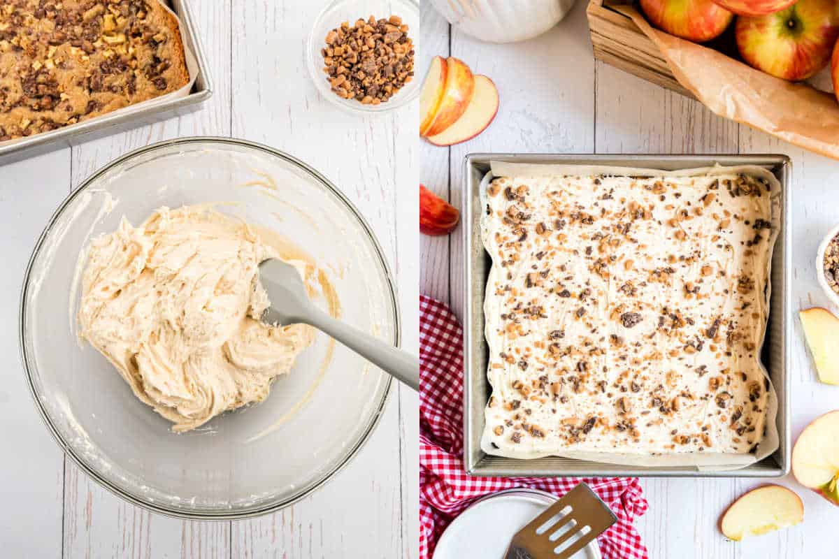 Step by step photos showing how to frost apple blondies.