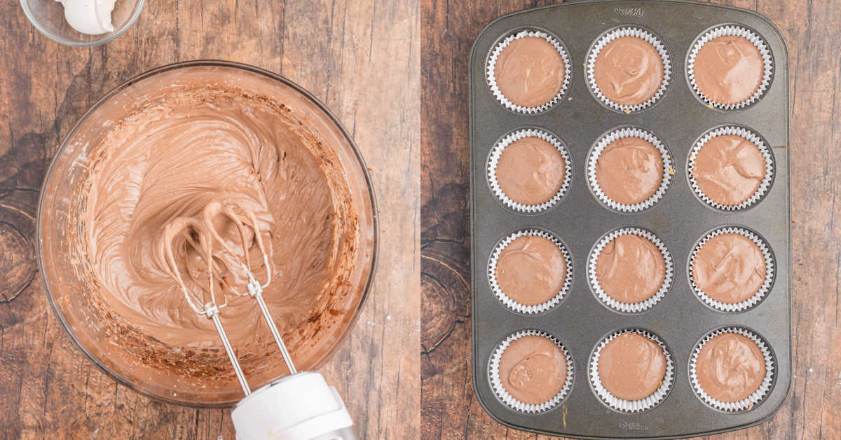 Step by step photos showing how to make chocolate cheesecake filling.