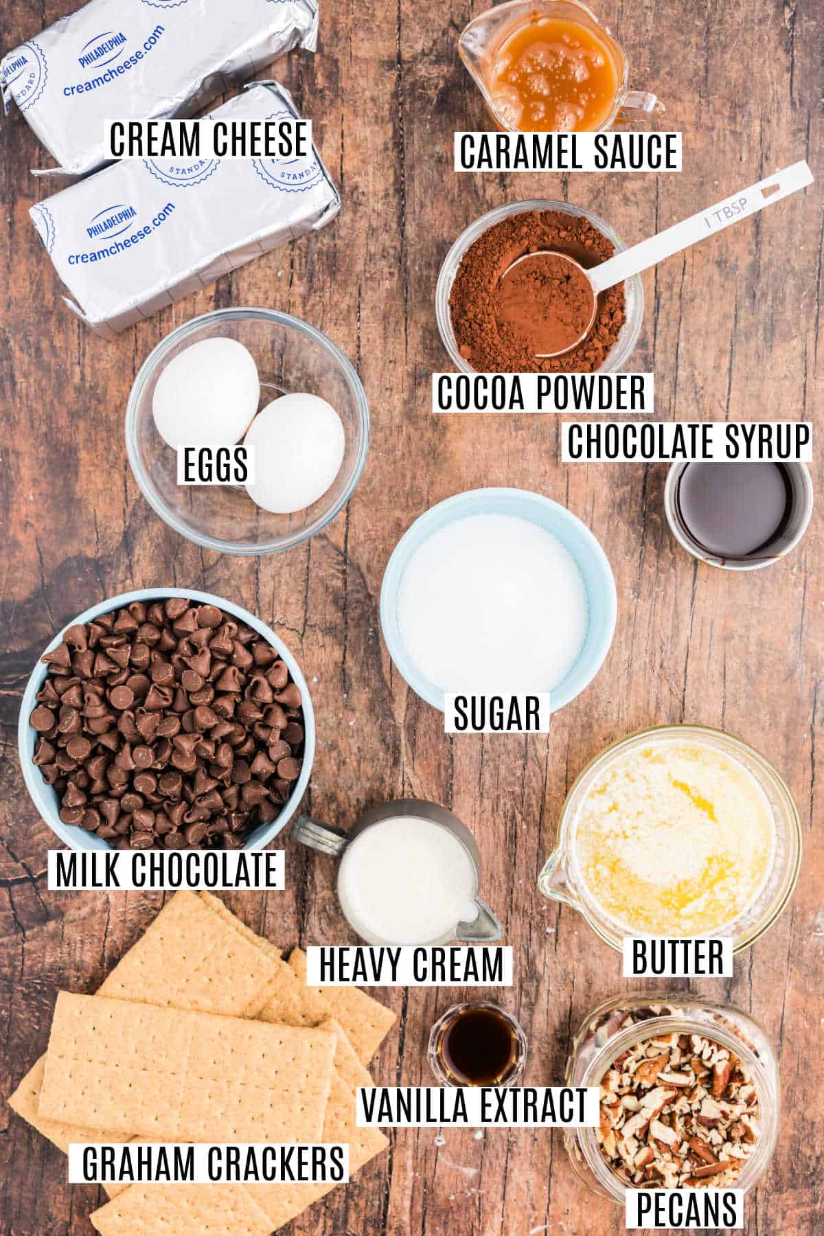 Ingredients needed to make mini chocolate turtle cheesecakes.