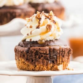 Chocolate Caramel Cheesecake is made in individual portions, topped with pecans, caramel and--of course--a milk chocolate ganache. This turtle version of a classic cheesecake is the ultimate indulgence!