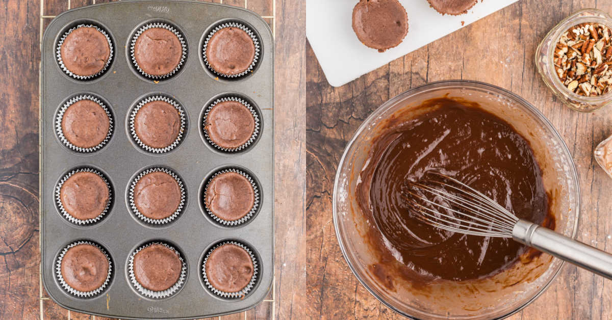 Step by step photos showing how to top chocolate cheesecakes with caramel toppings.