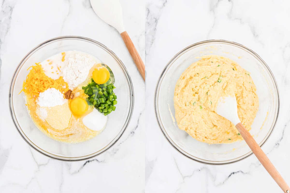 Step by step photos showing how to make cornbread batter.