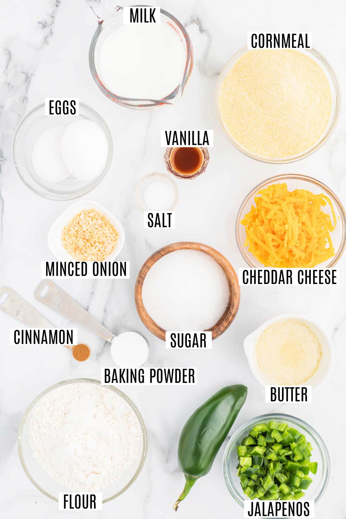 Ingredients needed to make jalapeno cheddar cornbread.