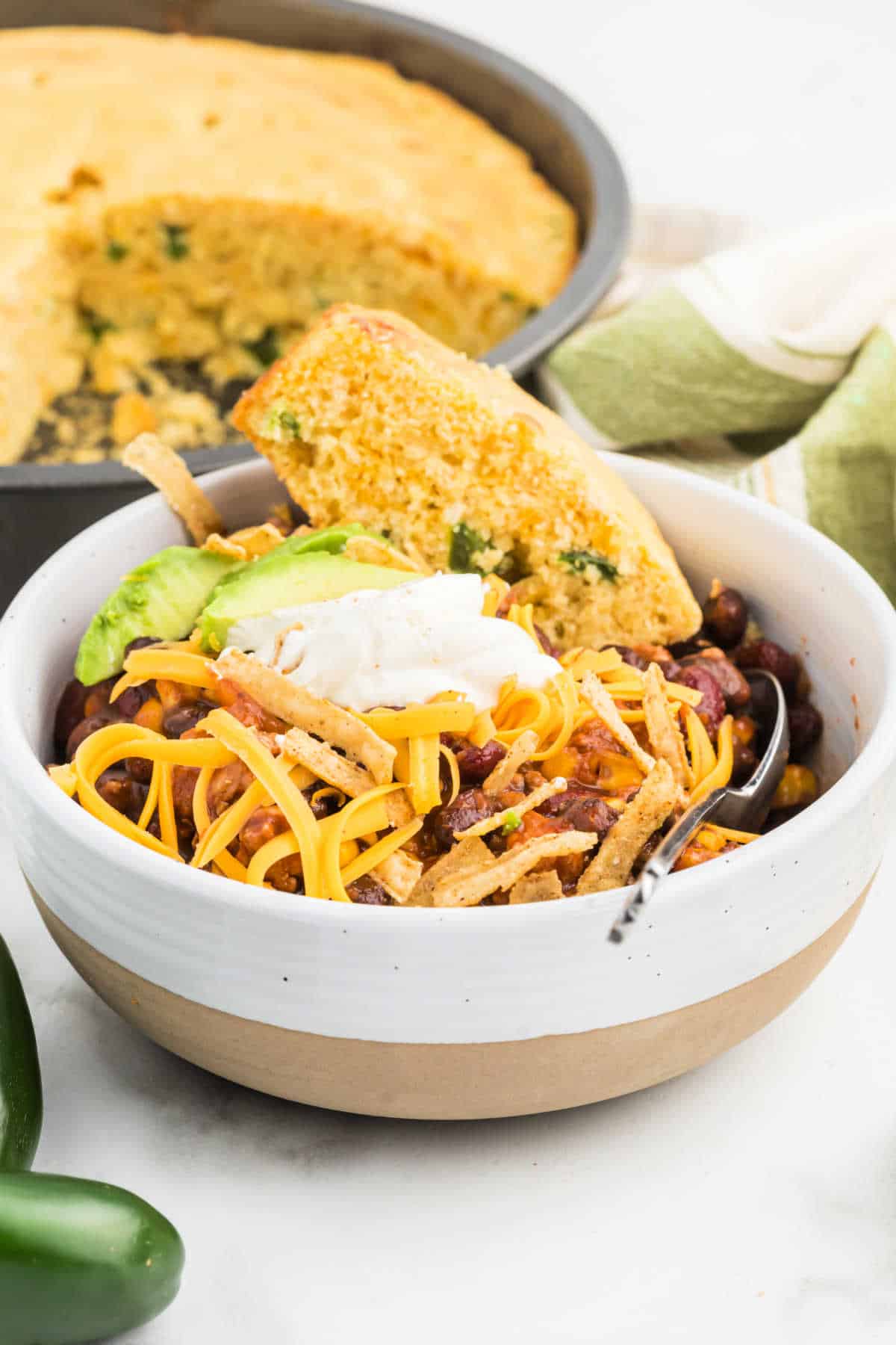 Taco chili served with cornbread.