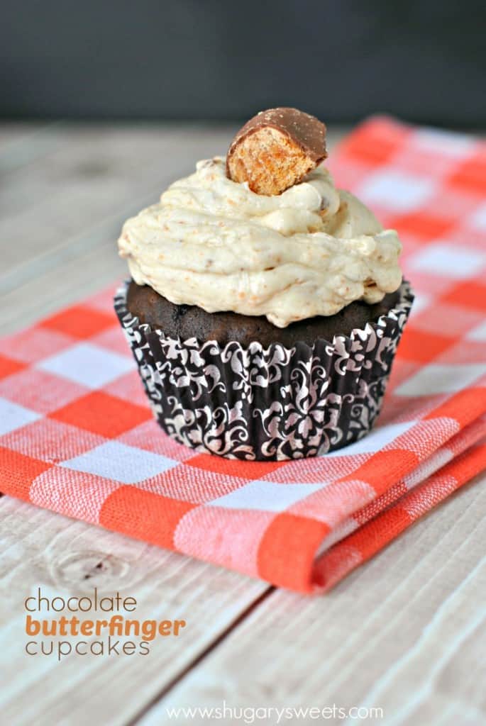 Chocolate Cupcakes {Butterfinger Frosting} - Shugary Sweets