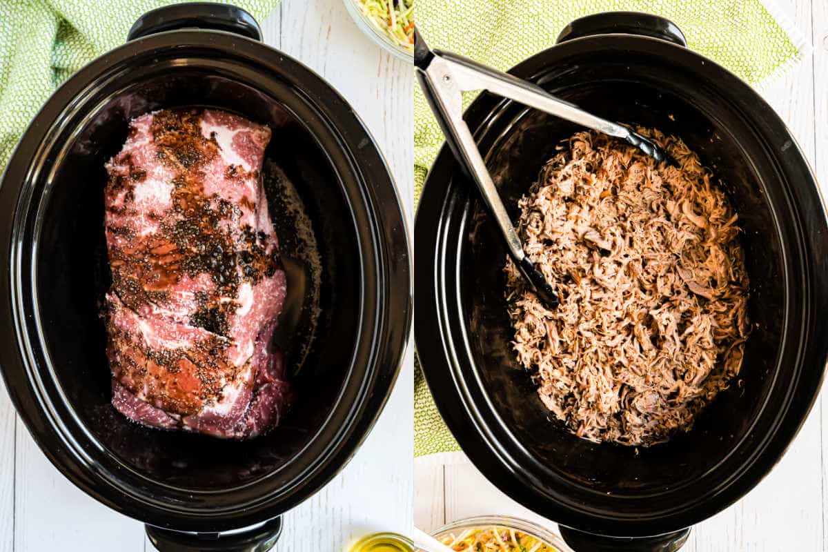 Step by step photos showing how to make pork in a slow cooker.