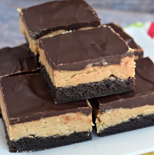 These Buckeye Brownies are amazing! Rich chocolate brownies topped with a homemade peanut butter filling and chocolate ganache.