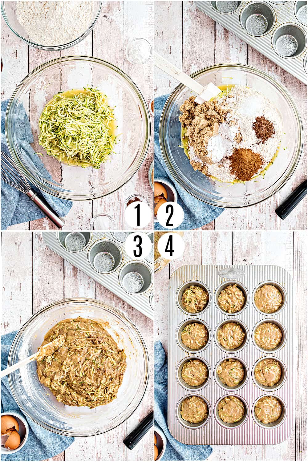Step by step photos showing how to make zucchini muffins.