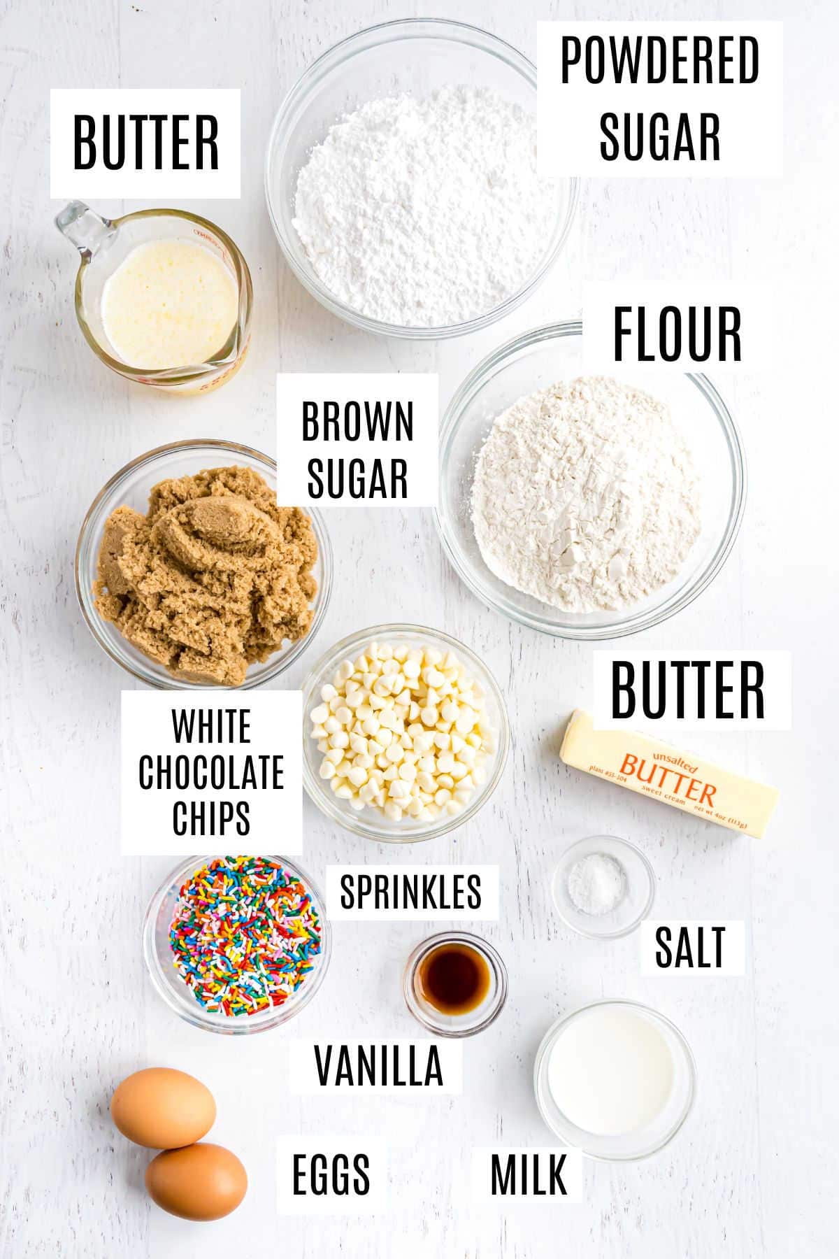 Ingredients needed to make blondies with sprinkles.