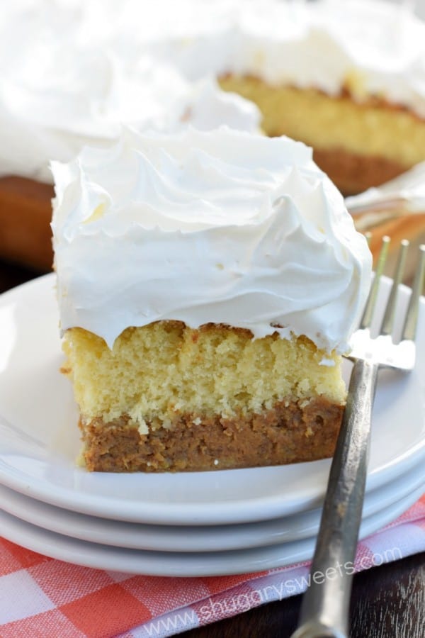 Look at the beautiful layers in this Pumpkin Magic Cake. It all starts with a box mix and the cake "magically" separates! Perfect for Thanksgiving!