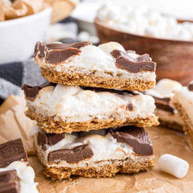 Stack of three pieces of s'mores toffee.