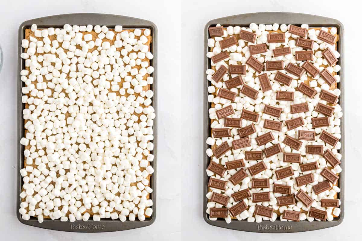 Step by step photos showing how to top smores cracker toffee.