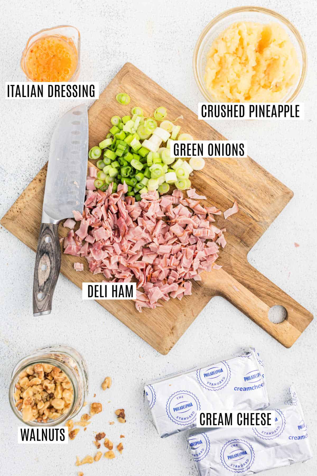 Ingredients needed to make pineapple ham cheese ball.