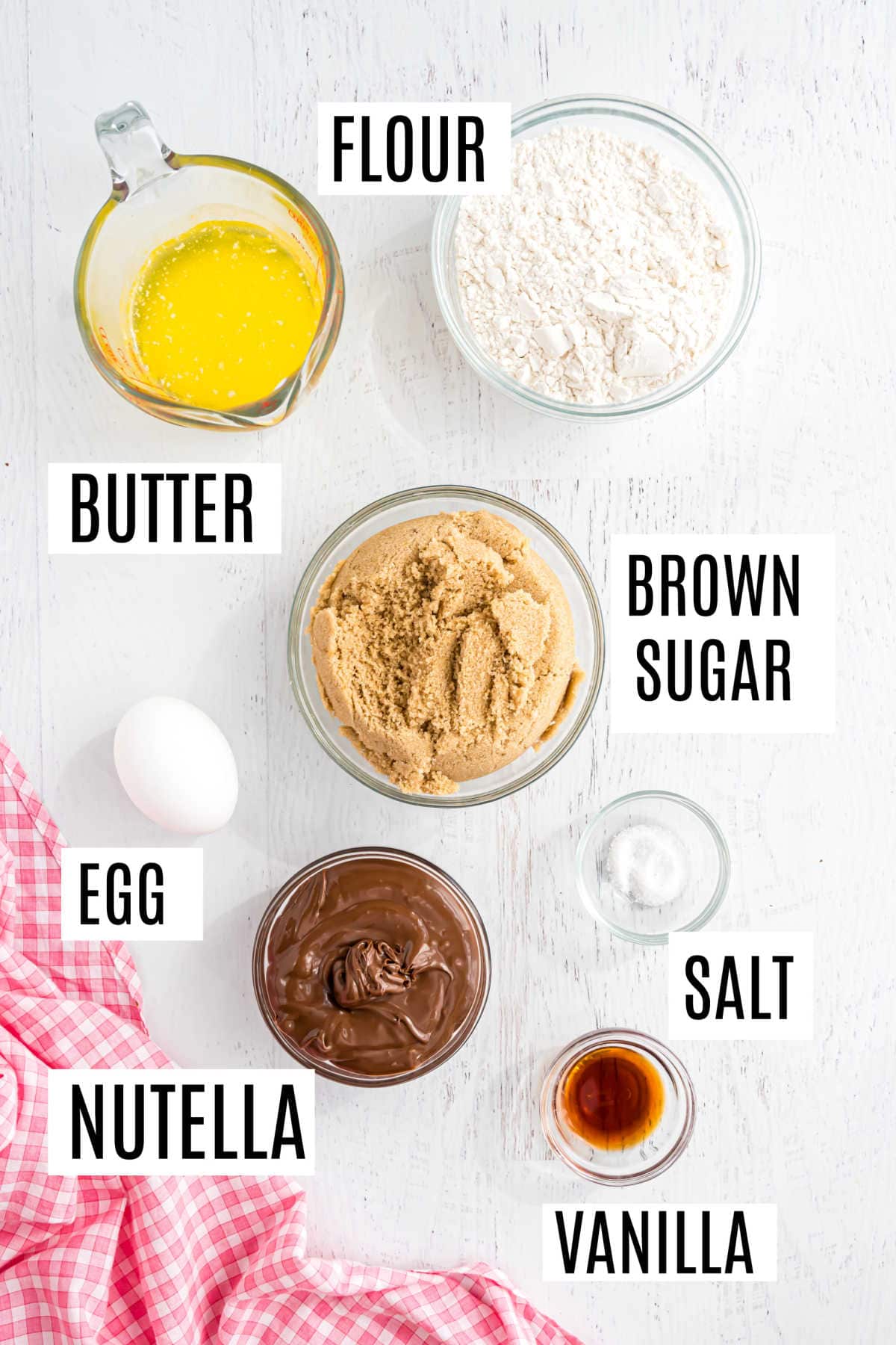 Ingredients needed to make nutella swirled blondies.