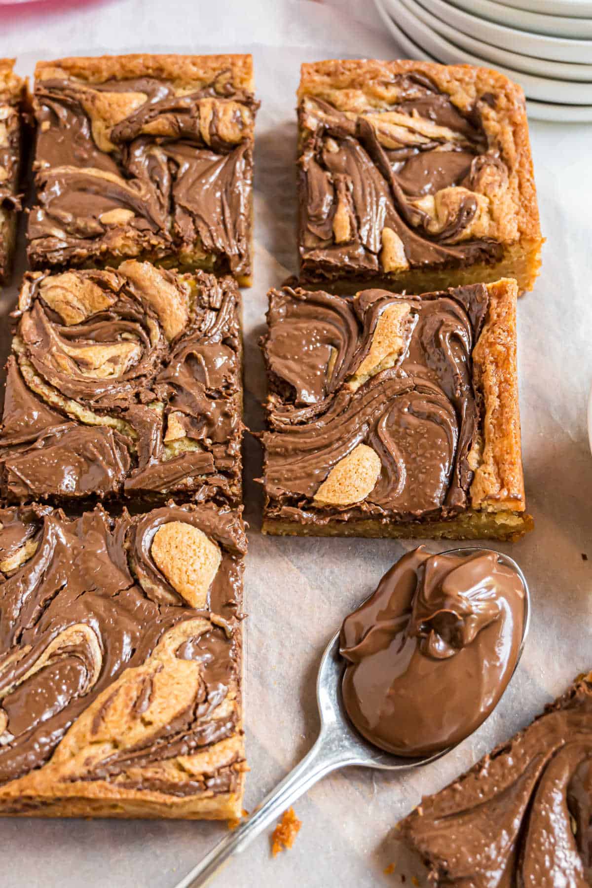 Nutella swirled blondies cut into squares.