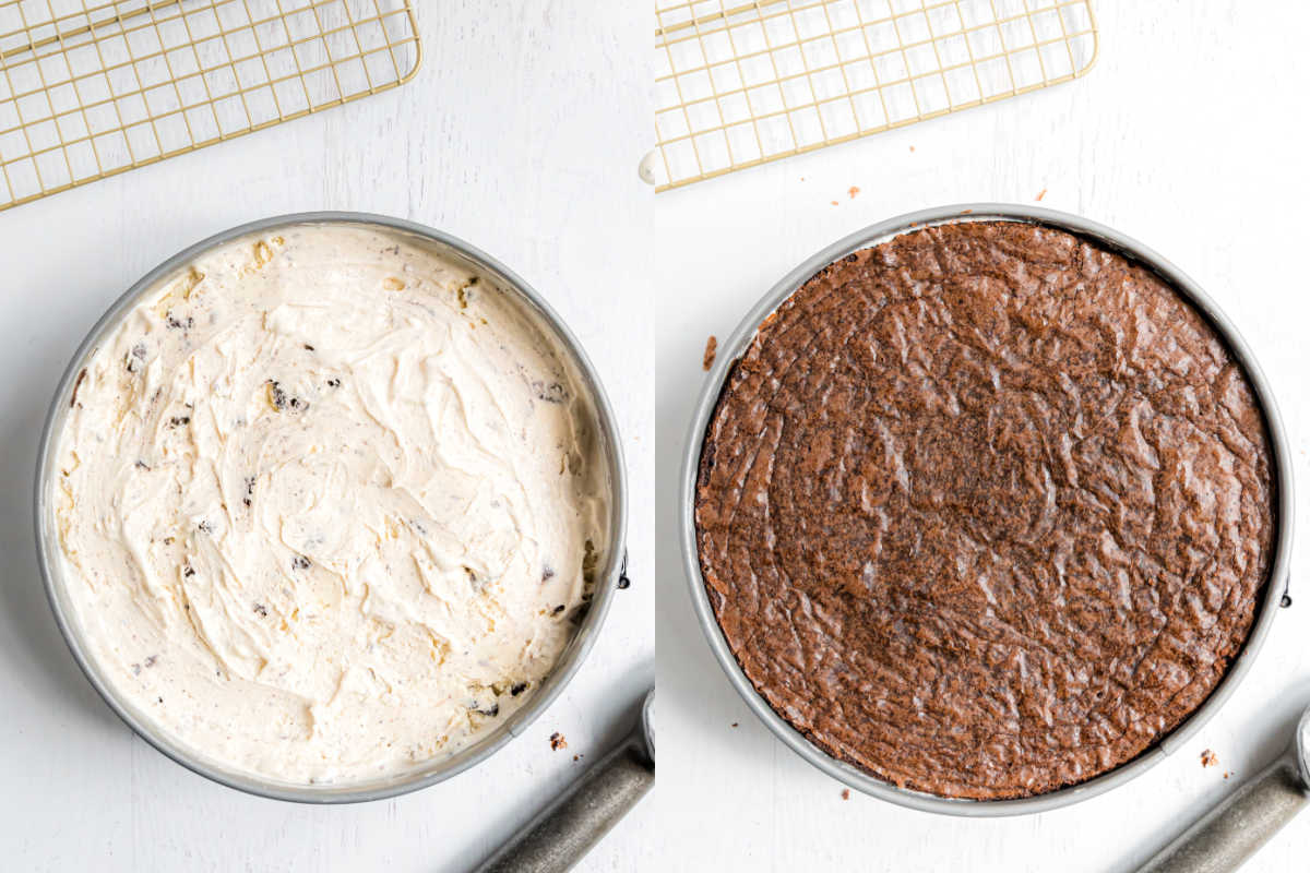Step by step photos showing how to assemble brownie cake.