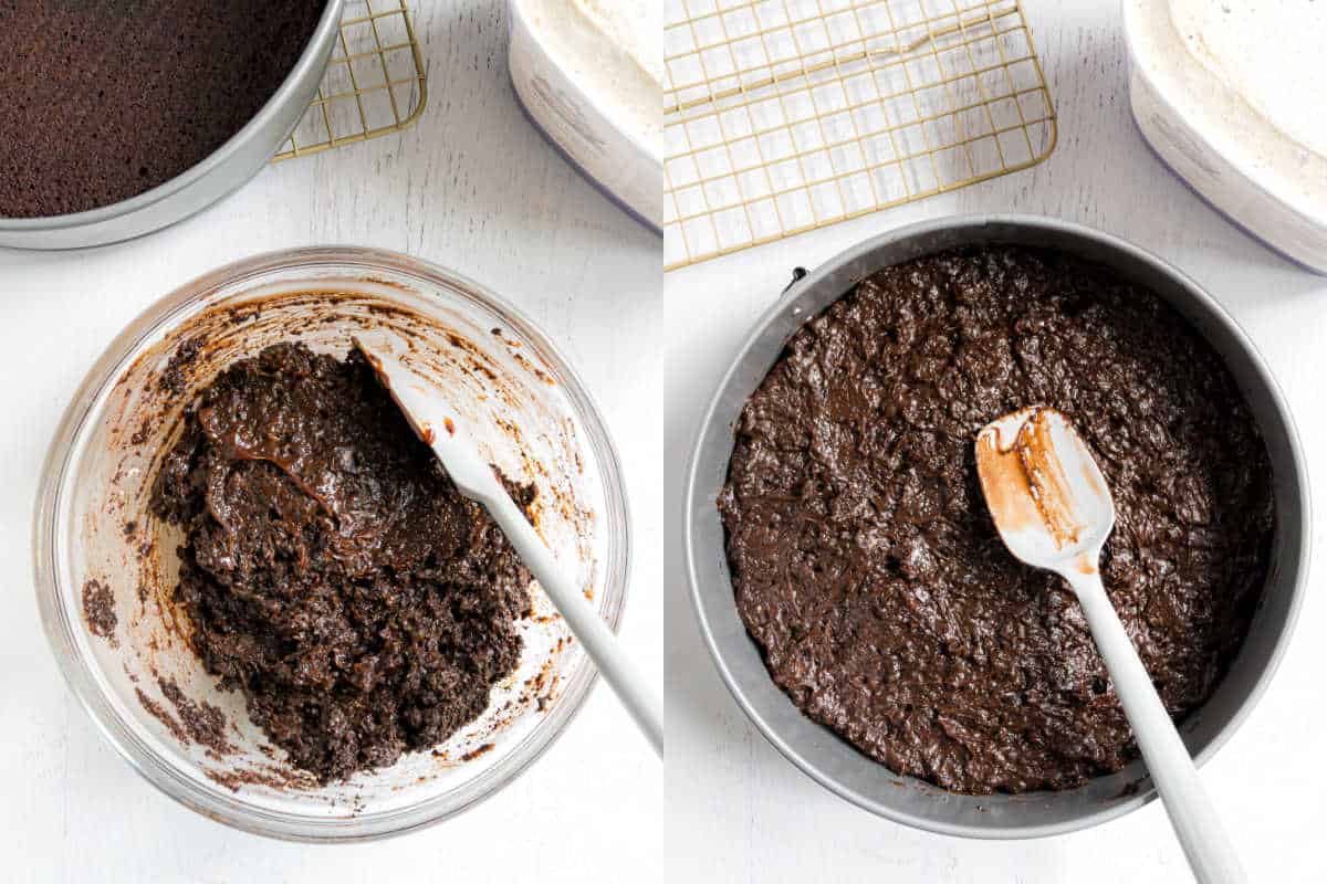 Step by step photos showing how to make brownie cake filling.