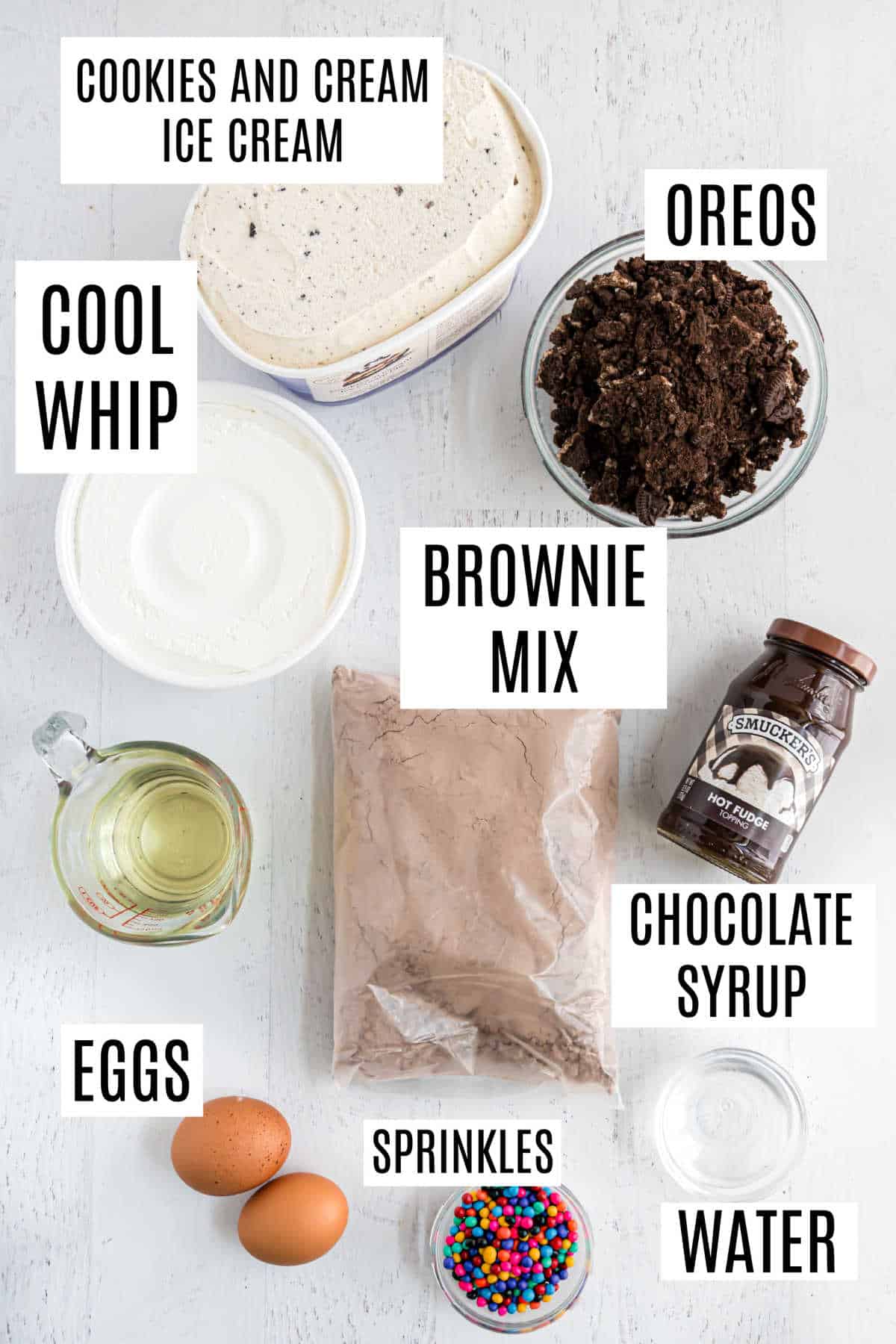 Ingredients needed to make brownie ice cream cake.