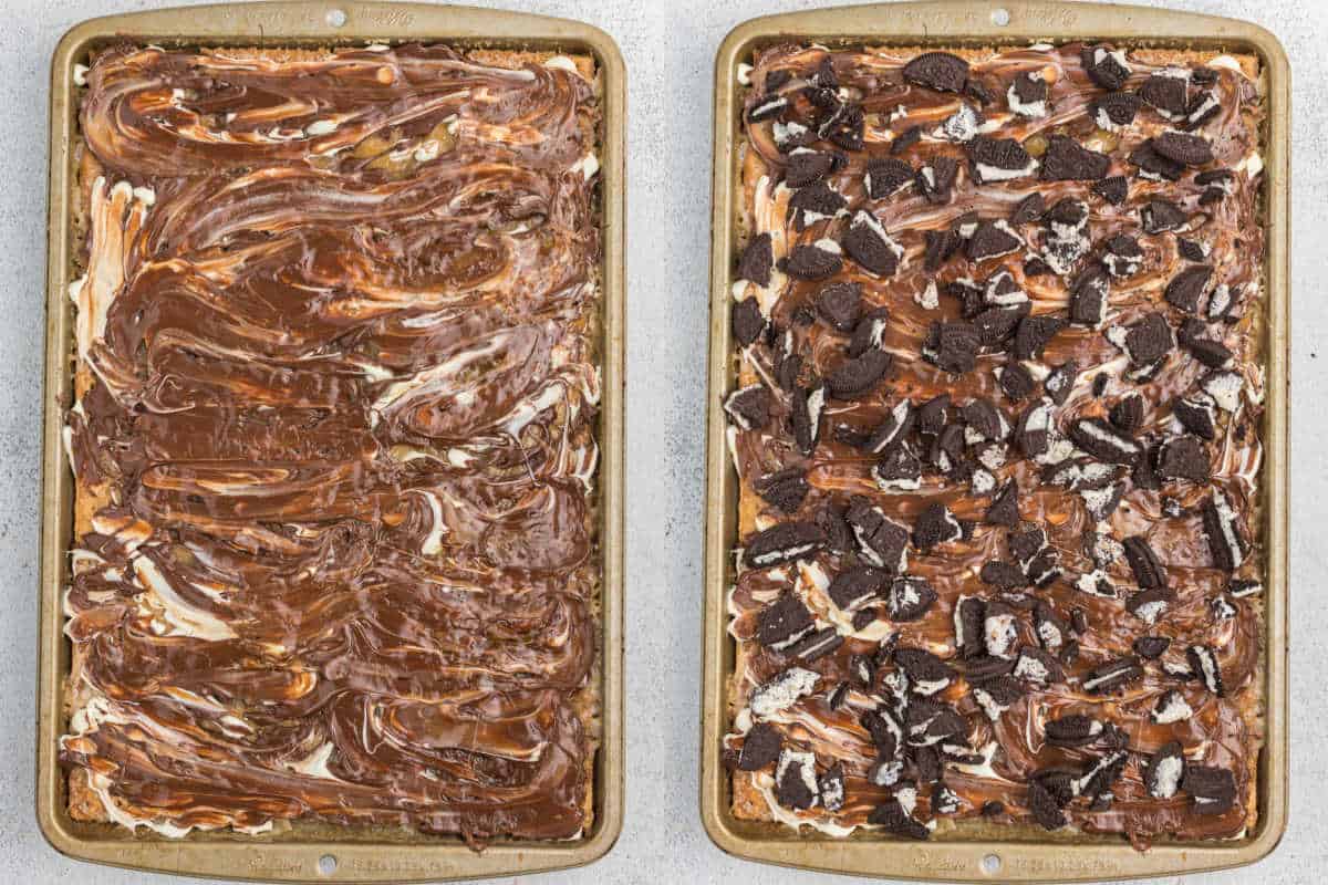 Step by step photos showing how to assemble oreo toffee.