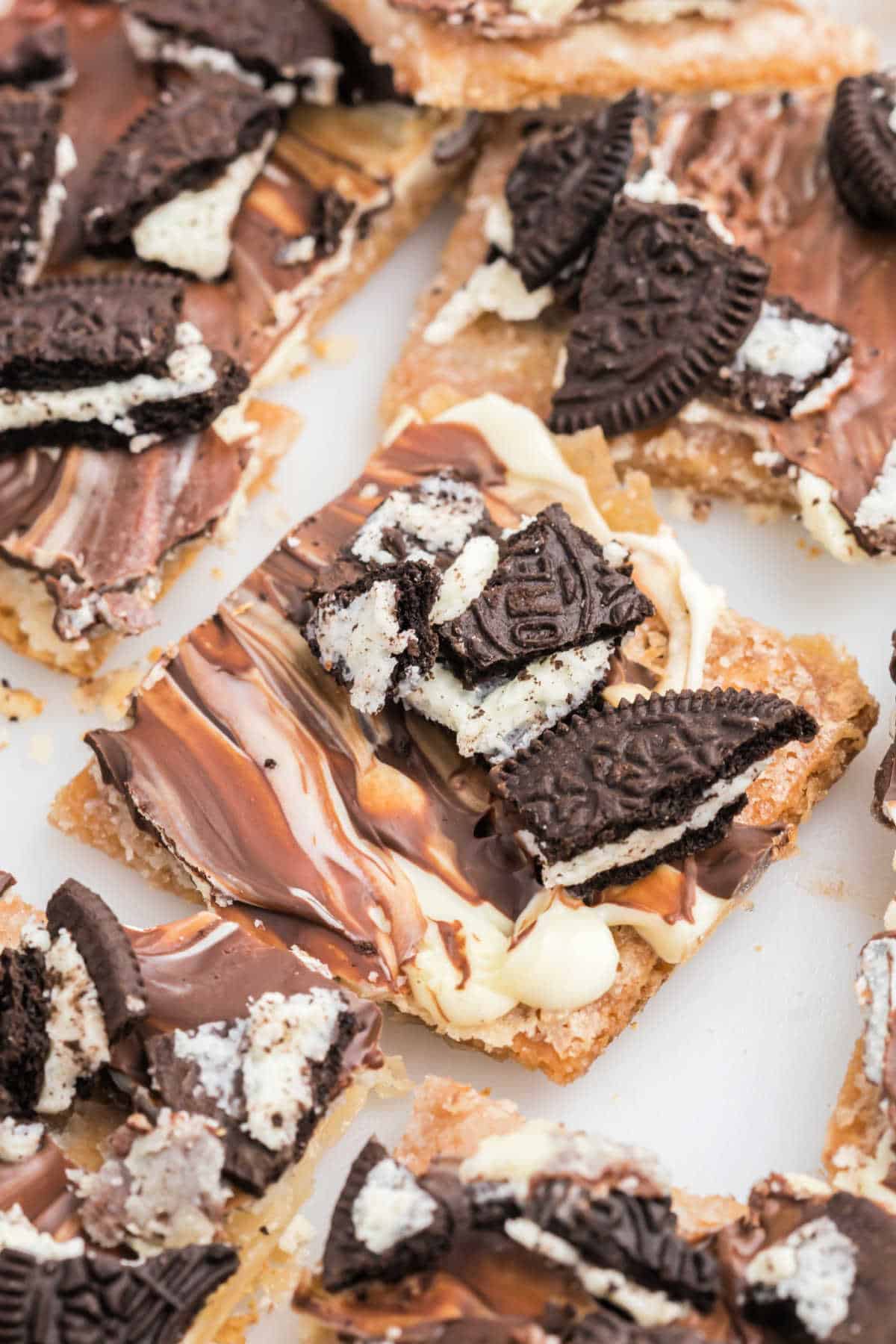 Oreo cracker toffee broken into pieces.