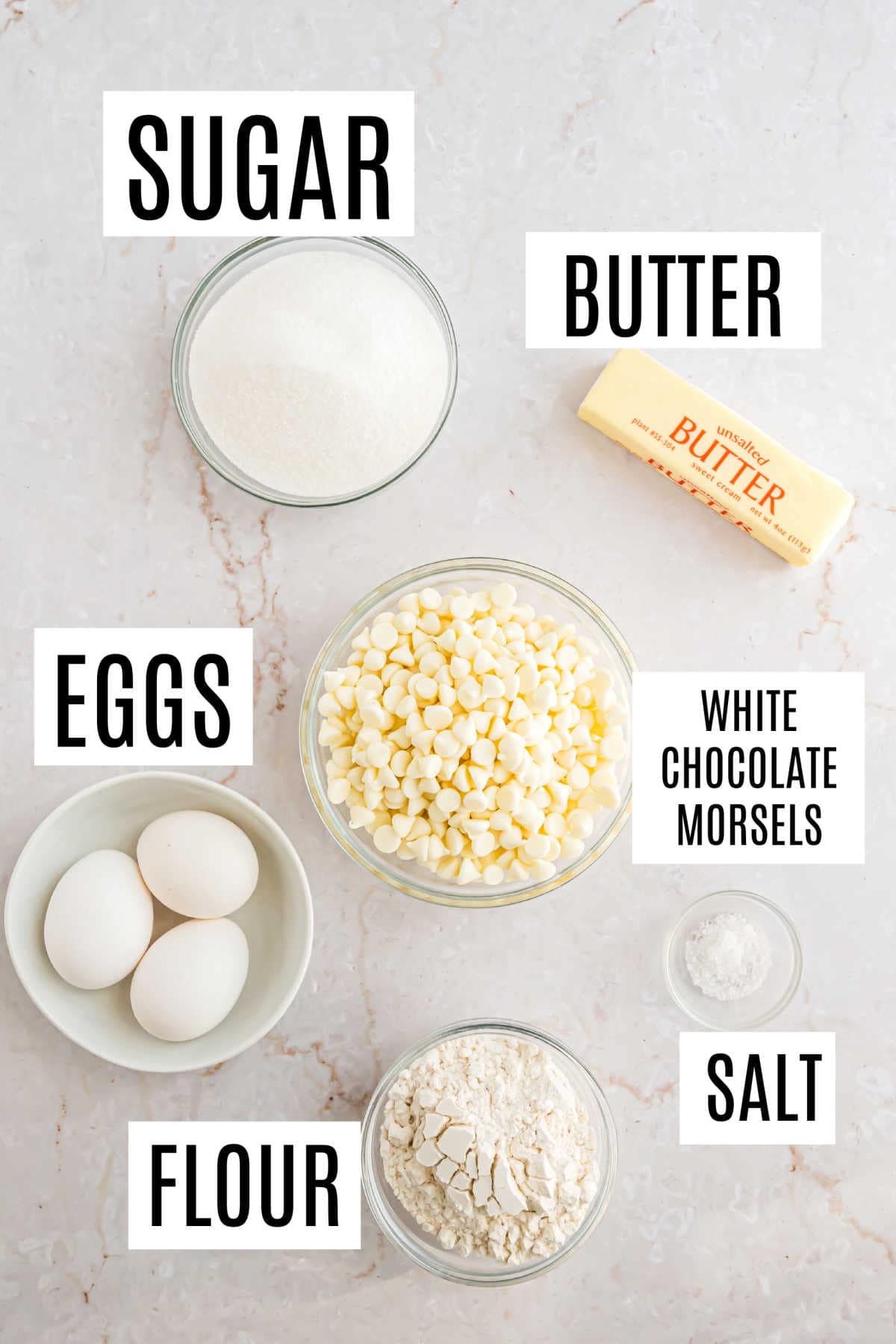 Ingredients needed to make white chocolate brownies.