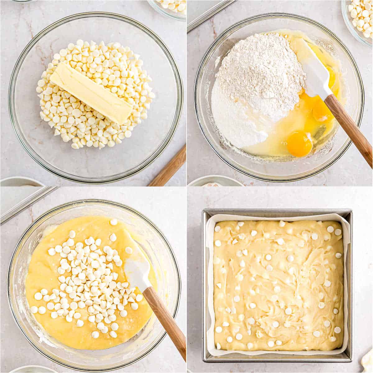 Step by step photos showing how to make white chocolate brownies.