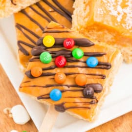 These gourmet Caramel Rice Krispie Treats are both easy to make and delicious to eat! They are perfect for birthdays, bake sales, or even as a fun snack that kids can help prepare.