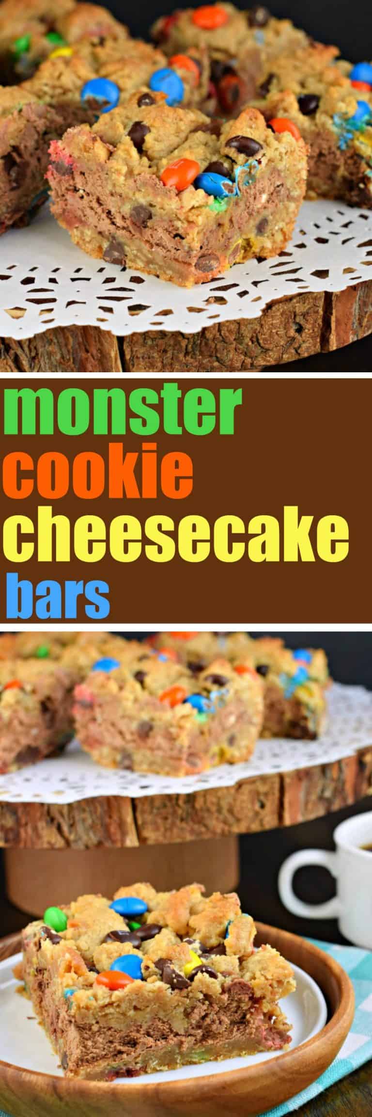 Monster Cookie Cheesecake Bars - Shugary Sweets