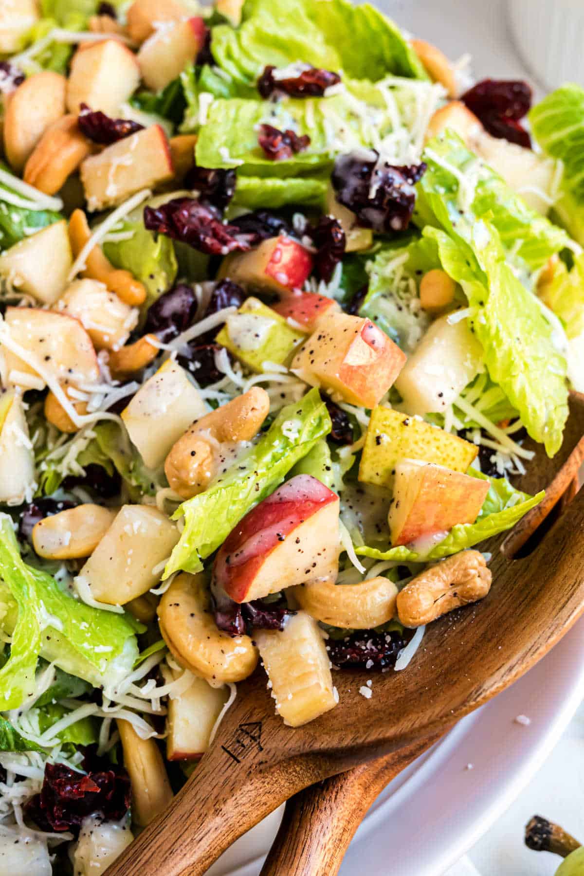 Salad bowl with fruit, nuts, and romaine lettuce.