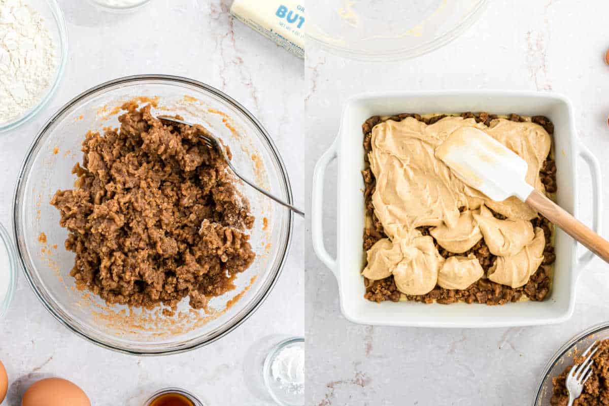 Step by step photos showing how to assemble coffee cake with cinnamon streusel.