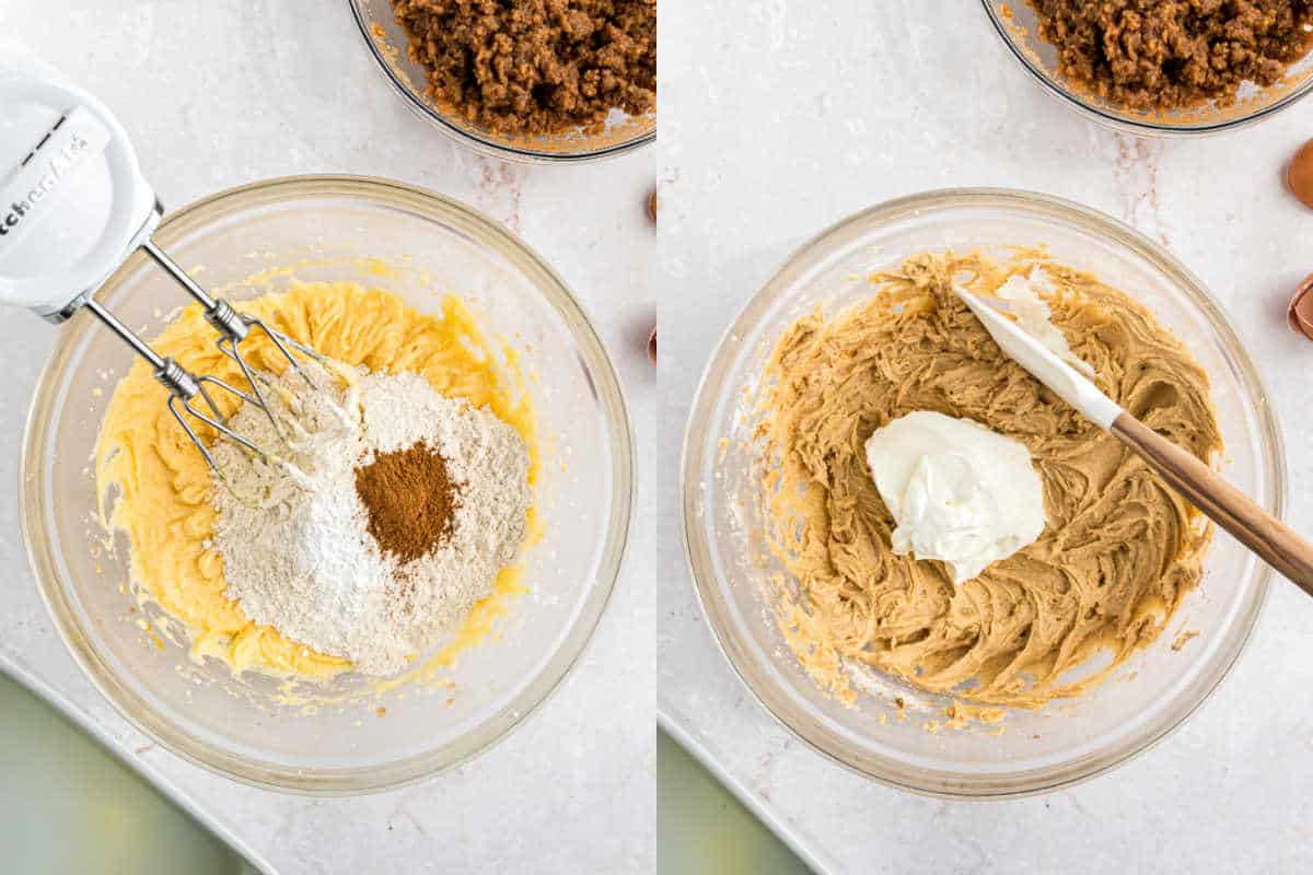 Step by step photos showing how to make coffee cake batter.