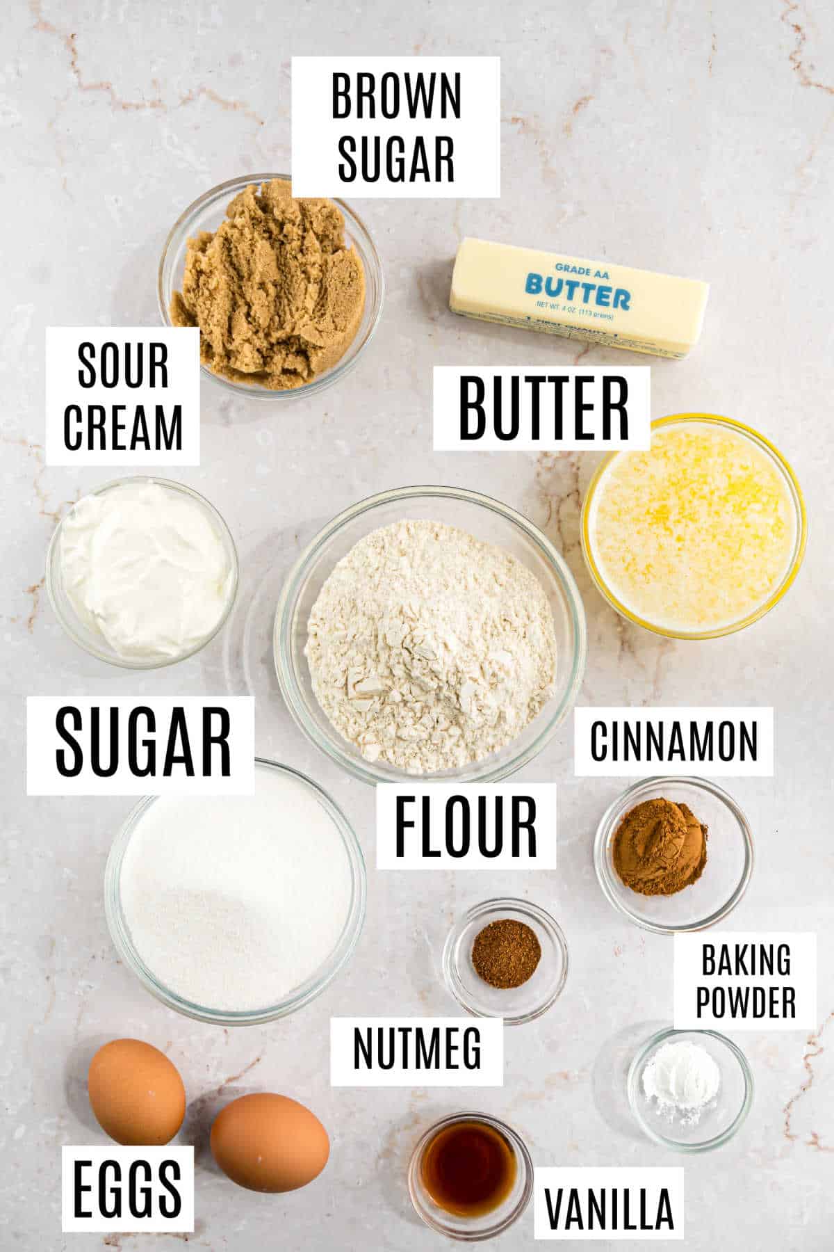 Ingredients needed to make sour cream coffee cake.