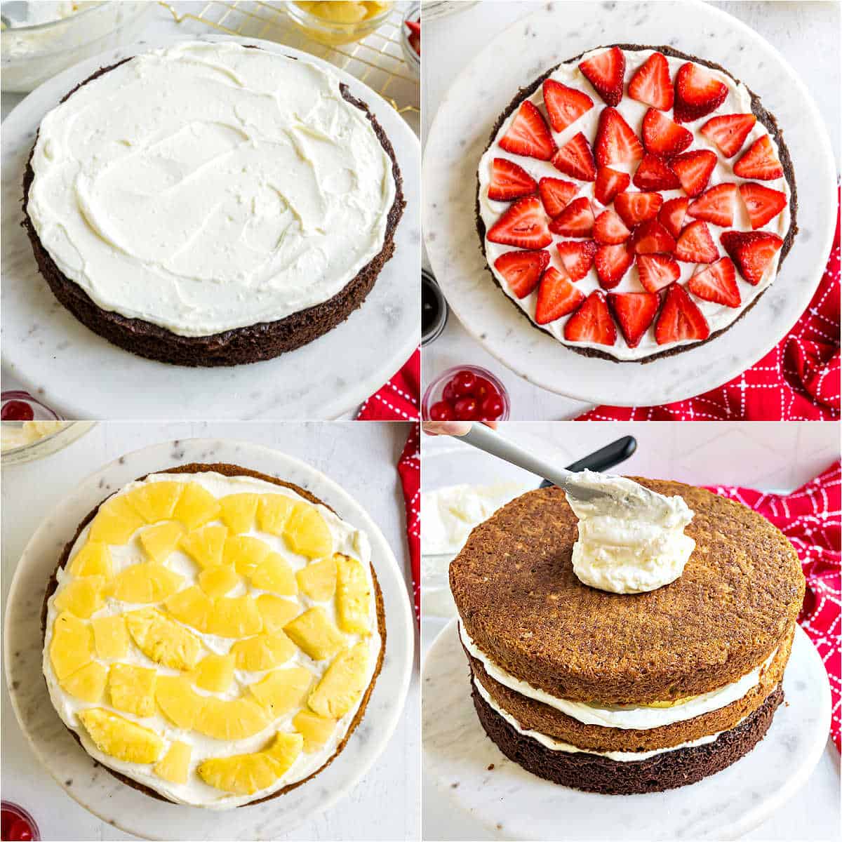 Step by step photos showing how to assemble banana split layer cake.