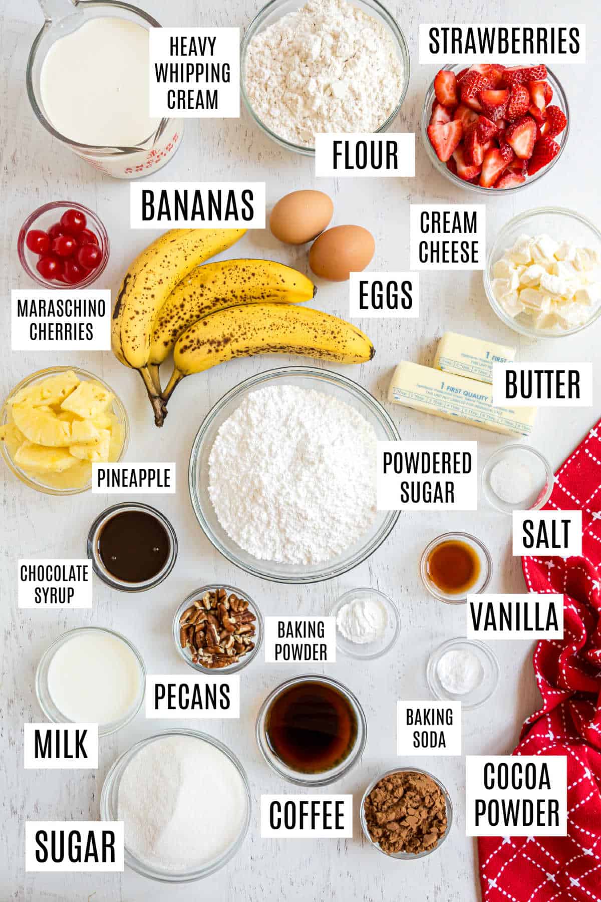 Ingredients needed to make banana split cake.