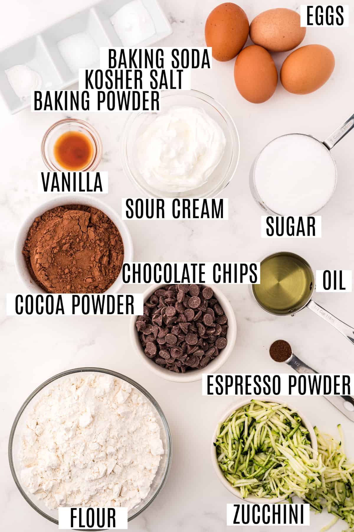 Ingredients needed for double chocolate zucchini bread.