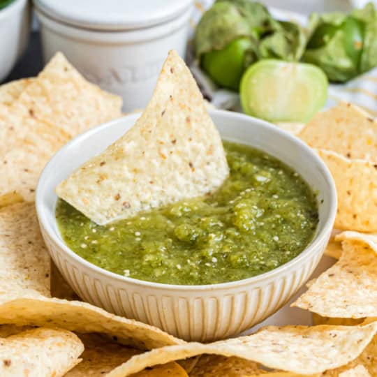 Try this Tomatillo Salsa recipe for an authentic, tangy Mexican salsa verde. Perfect for pairing with tacos, enchiladas or a generous serving of chips!