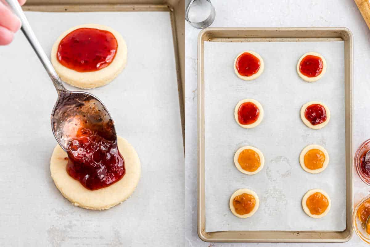 Step by step photos showing how to fill kolache cookies.