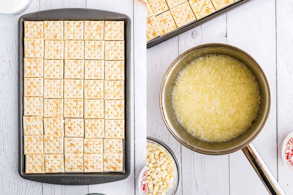 Step by step photos showing how to make cracker toffee.