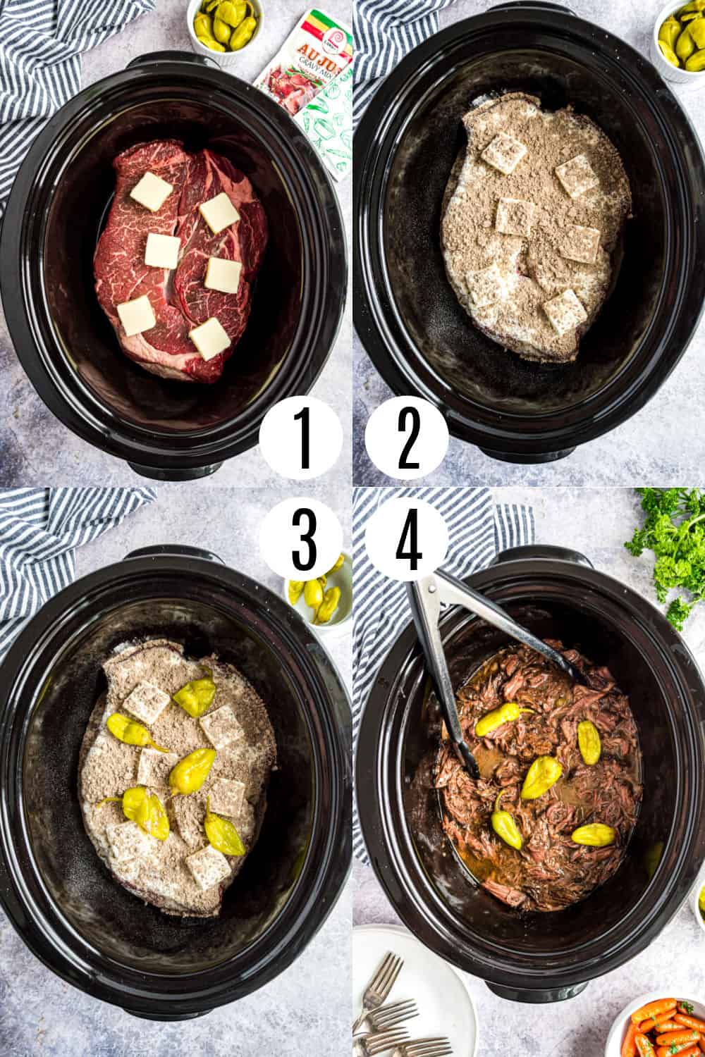 Step by step photos showing how to made slow cooker mississippi pot roast.