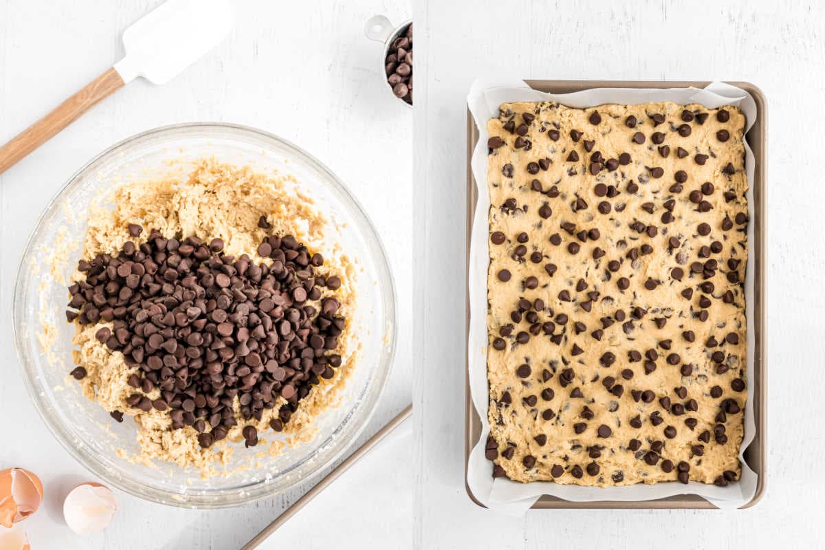 Step by step photos showing how to make cookie bars.