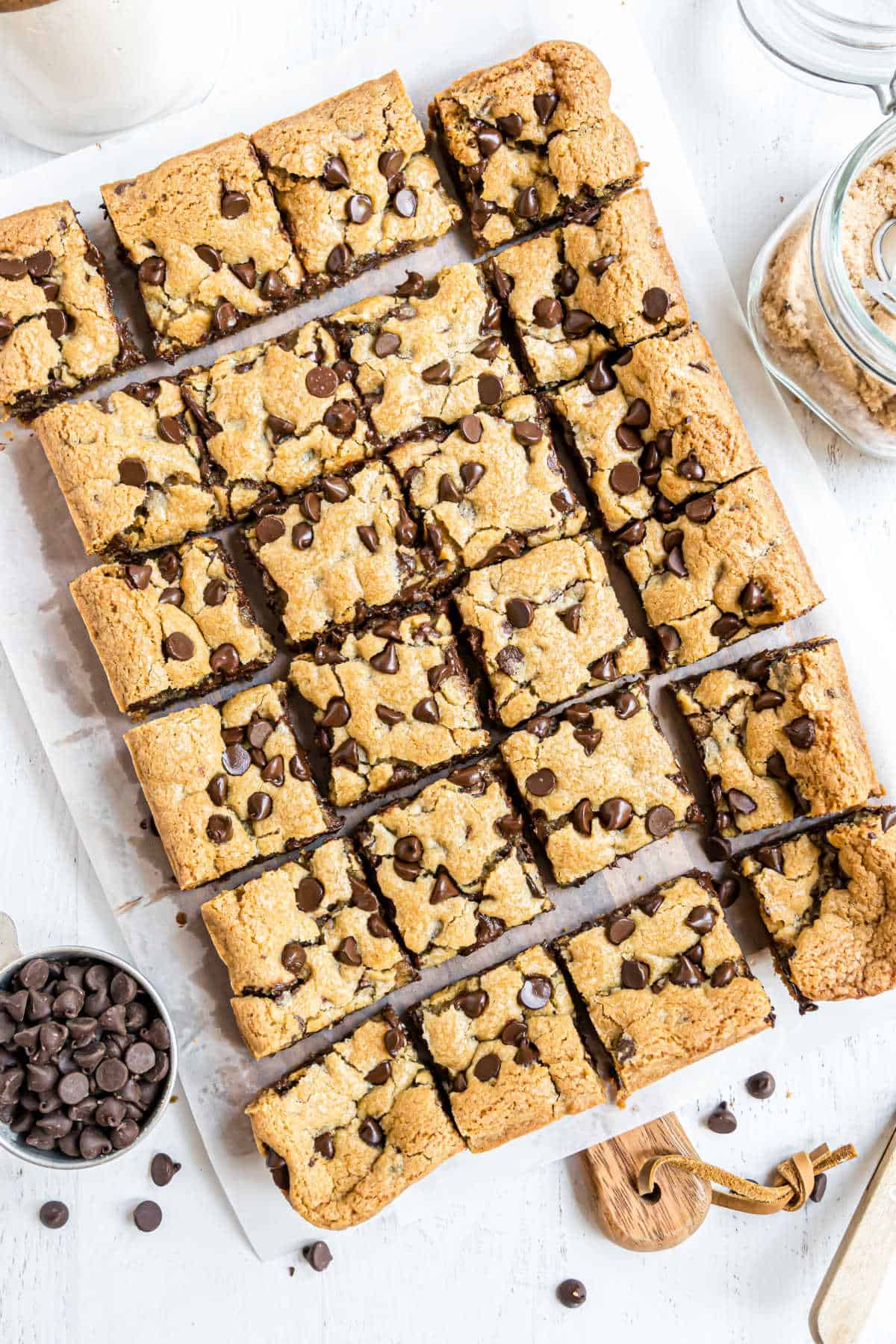 Chocolate chip cookie bars cut into squares.